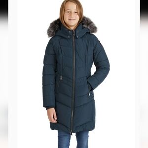 Girls Pajar Navy Midi Hooded Puffer Jacket with Faux Fur - Size 7/8 Like New